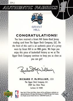 2003-04 SP Game Used - Authentic Fabrics #GH-J Grant Hill Back