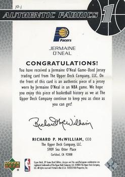 2003-04 SP Game Used - Authentic Fabrics #JO-J Jermaine O'Neal Back