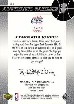 2003-04 SP Game Used - Authentic Fabrics #LO-J Lamar Odom Back