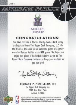 2003-04 SP Game Used - Authentic Fabrics #MH-J Marcus Haislip Back