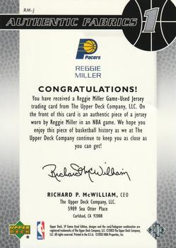 2003-04 SP Game Used - Authentic Fabrics #RM-J Reggie Miller Back