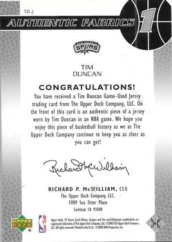 2003-04 SP Game Used - Authentic Fabrics #TD-J Tim Duncan Back