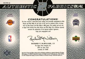 2003-04 SP Game Used - Authentic Fabrics Dual Autographs #KB/MB-AJ Kobe Bryant / Mike Bibby Back