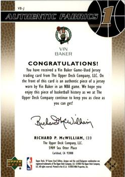 2003-04 SP Game Used - Authentic Fabrics Gold #VB-J Vin Baker Back