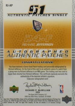 2003-04 SP Game Used - Authentic Patches Autographs #RJ-AP Richard Jefferson Back
