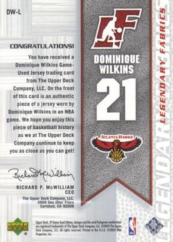 2003-04 SP Game Used - Legendary Fabrics #DW-L Dominique Wilkins Back