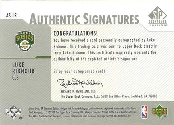 2003-04 SP Signature Edition - Authentic Signatures #AS-LR Luke Ridnour Back