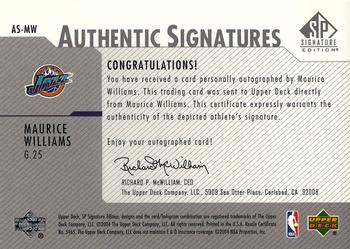 2003-04 SP Signature Edition - Authentic Signatures #AS-MW Maurice Williams Back