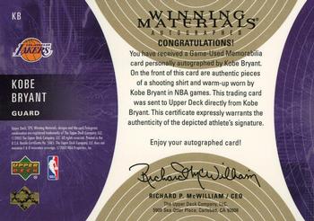 2003-04 SPx - Winning Materials Autographs #KB Kobe Bryant Back