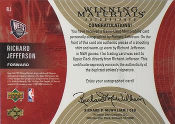 2003-04 SPx - Winning Materials Autographs #RJ Richard Jefferson Back