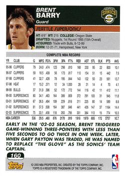 2003-04 Topps 1st Edition #160 Brent Barry Back