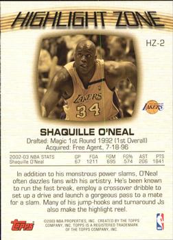 2003-04 Topps - Highlight Zone #HZ-2 Shaquille O'Neal Back