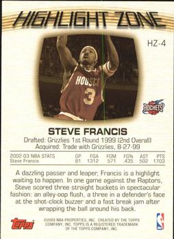 2003-04 Topps - Highlight Zone #HZ-4 Steve Francis Back