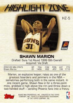 2003-04 Topps - Highlight Zone #HZ-5 Shawn Marion Back