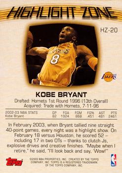 2003-04 Topps - Highlight Zone #HZ-20 Kobe Bryant Back