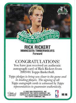 2003-04 Topps - Mark of Excellence Autographs #ME-RR Rick Rickert Back
