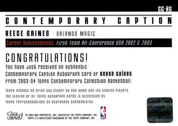 2003-04 Topps Contemporary Collection - Caption Autographs #CC-RG1 Reece Gaines Back