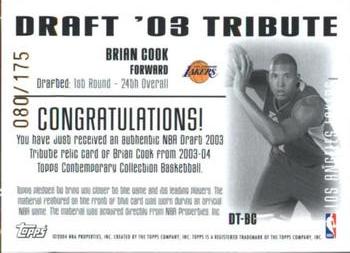2003-04 Topps Contemporary Collection - Draft 03 Tribute #DT-BC Brian Cook Back