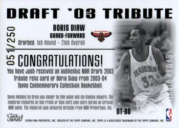 2003-04 Topps Contemporary Collection - Draft 03 Tribute #DT-BD Boris Diaw Back
