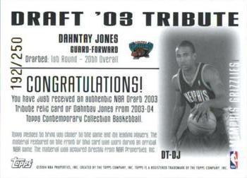 2003-04 Topps Contemporary Collection - Draft 03 Tribute #DT-DJ Dahntay Jones Back