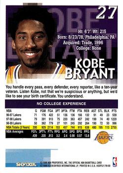 1999-00 Hoops #27 Kobe Bryant Back