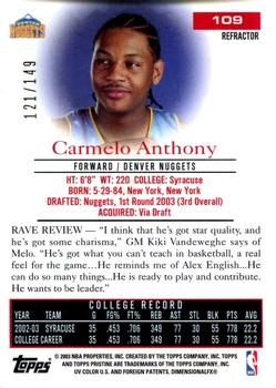 2003-04 Topps Pristine - Refractors #109 Carmelo Anthony Back