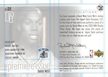 2003-04 UD Glass - Premier Issue Jerseys #PI-DE David West Back