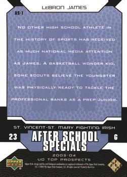 2003 UD Top Prospects - After School Specials #AS1 LeBron James Back
