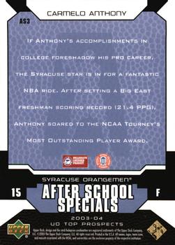 2003 UD Top Prospects - After School Specials #AS3 Carmelo Anthony Back