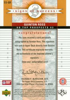 2003 UD Top Prospects - Signs of Success #SS-QR Quinton Ross Back