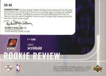 2003-04 Upper Deck - Rookie Review Jerseys #RR-RA Robert Archibald Back