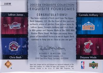 2003-04 Upper Deck Exquisite Collection - Foursomes #JABW LeBron James / Carmelo Anthony / Chris Bosh / Dwyane Wade Back