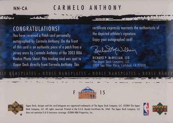 2003-04 Upper Deck Exquisite Collection - Noble Nameplates #NN-CA Carmelo Anthony Back