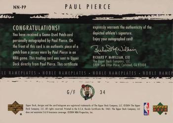 2003-04 Upper Deck Exquisite Collection - Noble Nameplates #NN-PP Paul Pierce Back