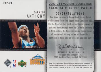 2003-04 Upper Deck Exquisite Collection - Patches Triple #E3P-CA Carmelo Anthony Back