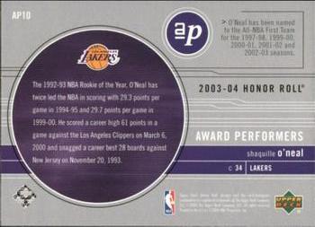 2003-04 Upper Deck Honor Roll - Award Performers #AP10 Shaquille O'Neal Back