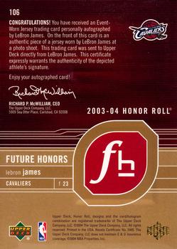 2003-04 Upper Deck Honor Roll - Jersey Rookies Autographs Gold #106 LeBron James Back