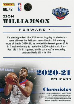2020-21 Panini Chronicles #42 Zion Williamson Back
