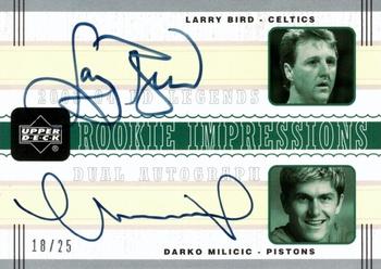 2003-04 Upper Deck Legends - Rookie Impressions Dual Autographs #LB/DM Larry Bird / Darko Milicic Front