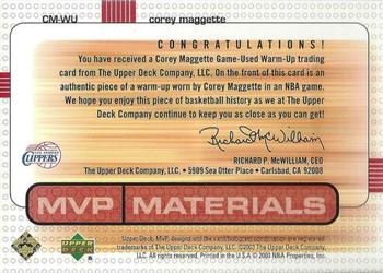 2003-04 Upper Deck MVP - Materials Warmups #CM-WU Corey Maggette Back