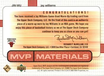 2003-04 Upper Deck MVP - Materials Warmups #JW-WU Jay Williams Back