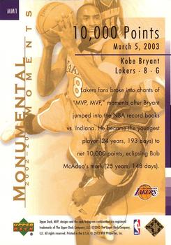 2003-04 Upper Deck MVP - Monumental Moments #MM1 Kobe Bryant Back