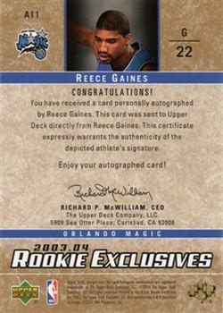 2003-04 Upper Deck Rookie Exclusives - Autographs #A11 Reece Gaines Back