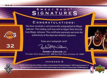 2003-04 Upper Deck Sweet Shot - Sweet Spot Signatures #MA-A Magic Johnson Back