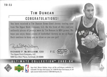 2003-04 Upper Deck Ultimate Collection - Jerseys Dual #TD-2J Tim Duncan Back
