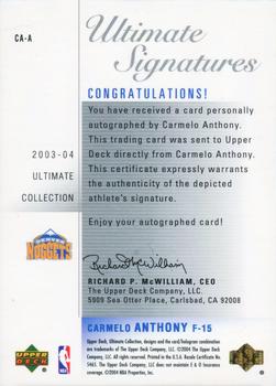 2003-04 Upper Deck Ultimate Collection - Signatures #CA-A Carmelo Anthony Back