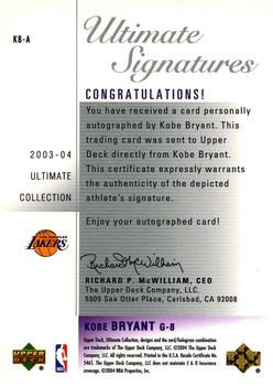 2003-04 Upper Deck Ultimate Collection - Signatures #KB-A Kobe Bryant Back