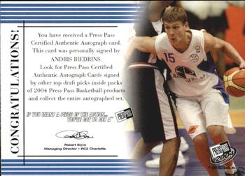 2004 Press Pass - Autographs #NNO Andris Biedrins Back