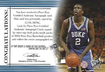 2004 Press Pass - Autographs #NNO Luol Deng Back