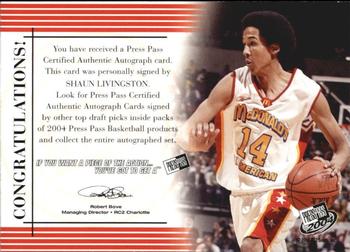 2004 Press Pass - Autographs #NNO Shaun Livingston Back